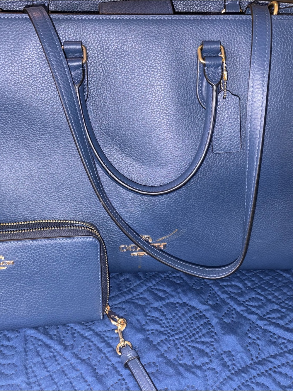 Coach Navy Blue Pebbled Leather Tote with Wallet